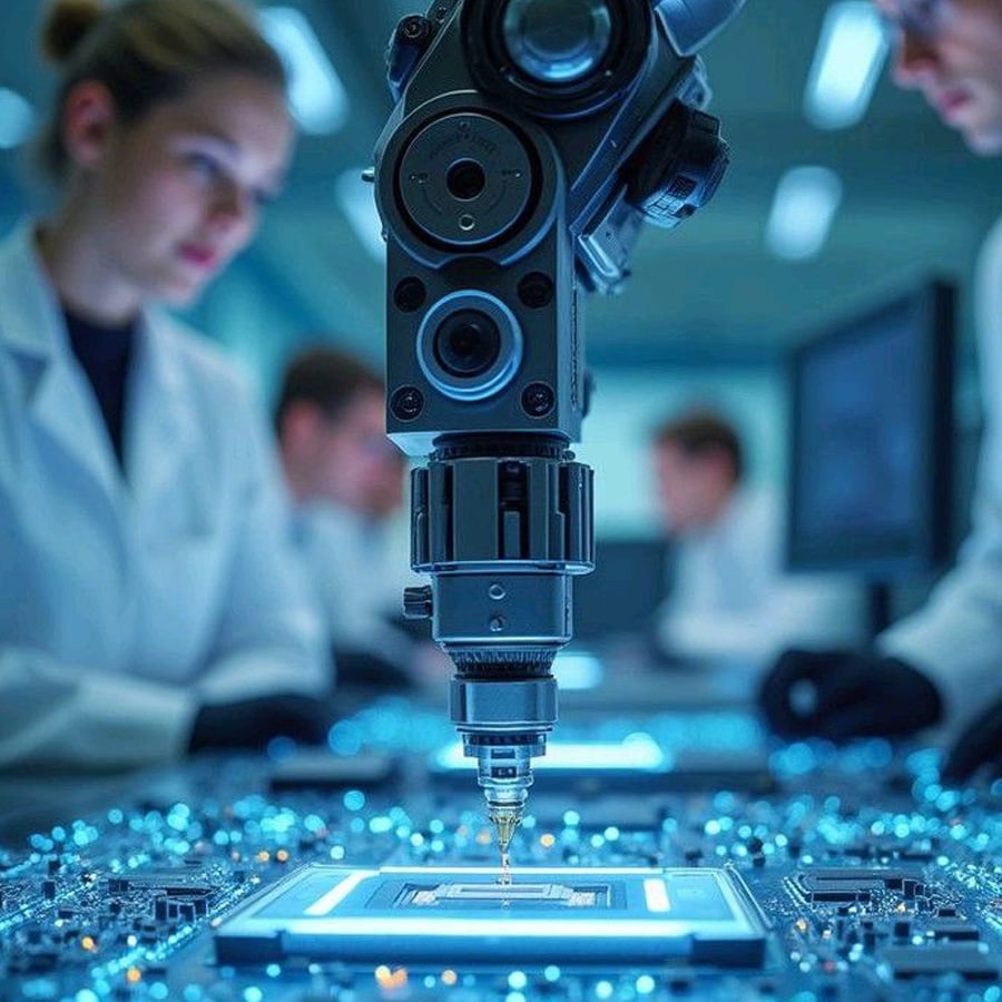 A robotic arm assembles a microchip on a circuit board in a high-tech lab, with scientists in white lab coats working in the background, surrounded by blue lighting.