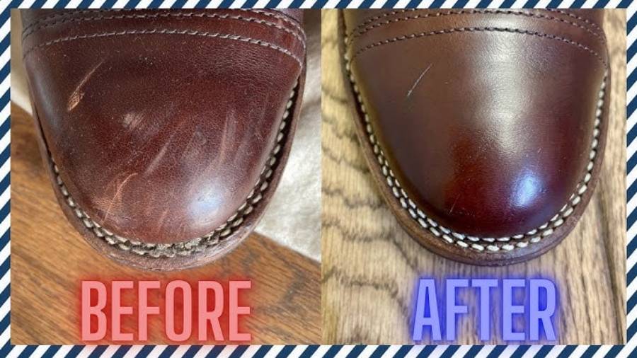A close-up of a shoe toe: the left side labeled "BEFORE" shows scuffed, scratched leather; the right side labeled "AFTER" displays smooth, polished leather.