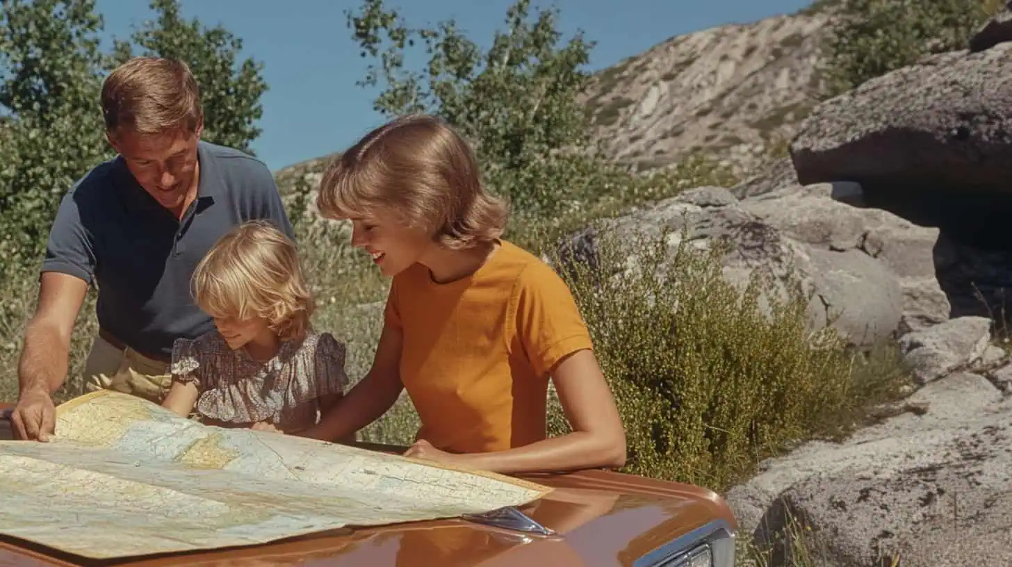 A man, woman, and young girl look at a map spread on a car hood, outdoors by rocks and greenery on a sunny day.