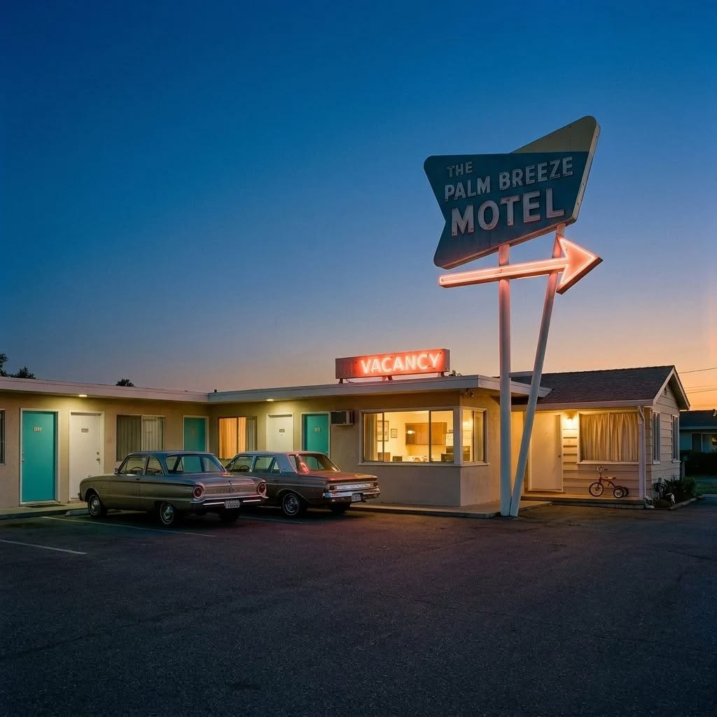 A retro motel at dusk with a neon "Palm Breeze Motel" sign, a glowing "Vacancy" sign, two vintage cars parked outside, and turquoise doors on the rooms.