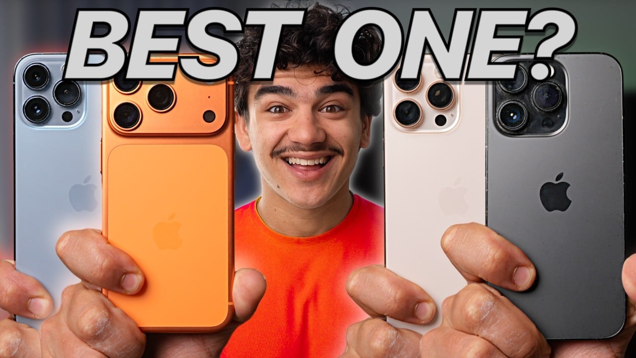 Smiling person in orange shirt holds four iPhones in different colors, with large text above reading "BEST ONE?