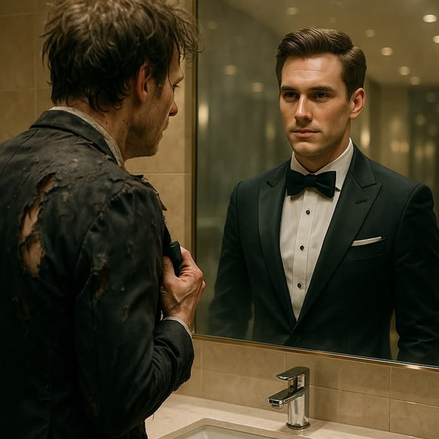 A disheveled man in torn clothes stands at a bathroom sink, staring into a mirror reflecting a well-groomed man in a tuxedo.