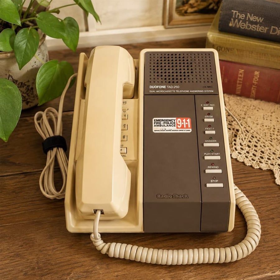 A vintage beige and brown corded telephone with answering machine sits on a wooden table next to a plant and books, including a Webster’s Dictionary.