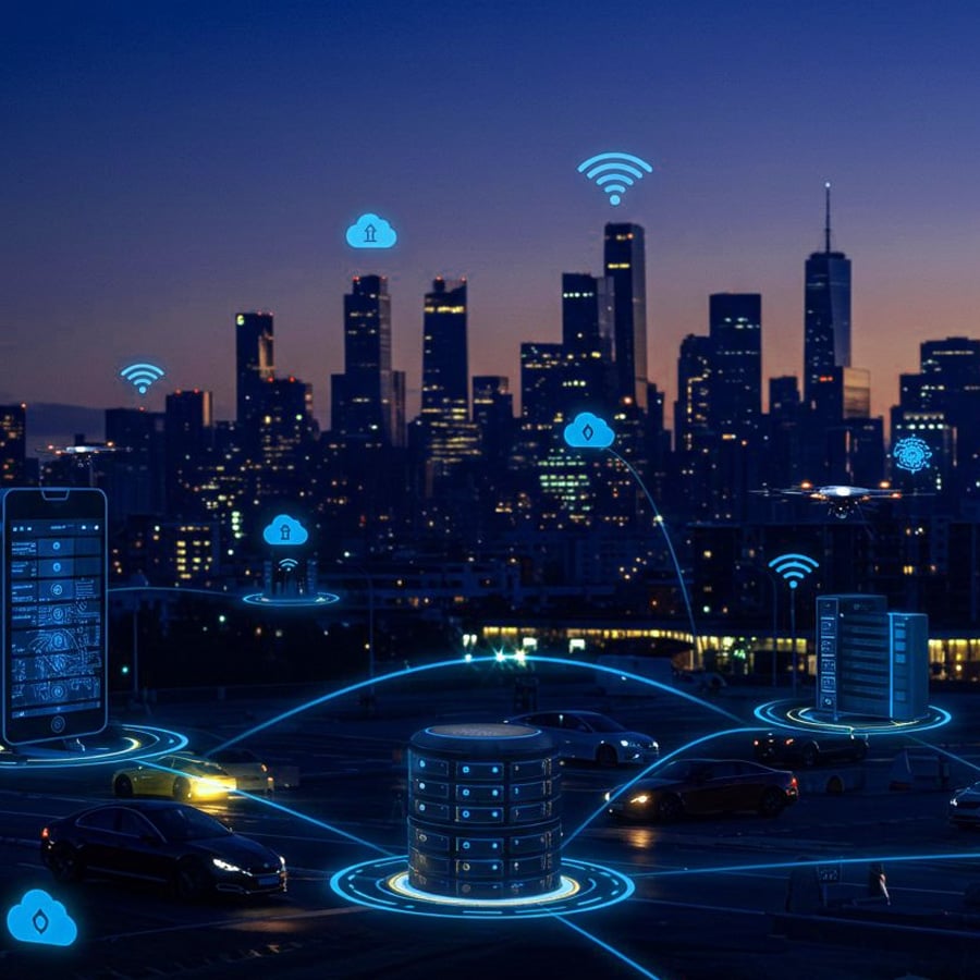 A city skyline at dusk with glowing blue digital icons, including servers, smartphones, cars, and Wi-Fi symbols, illustrating smart technology and interconnected data systems in an urban environment.