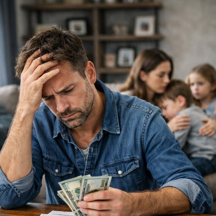 A worried man holds cash and bills at a table while a woman comforts two children in the background, suggesting financial stress.