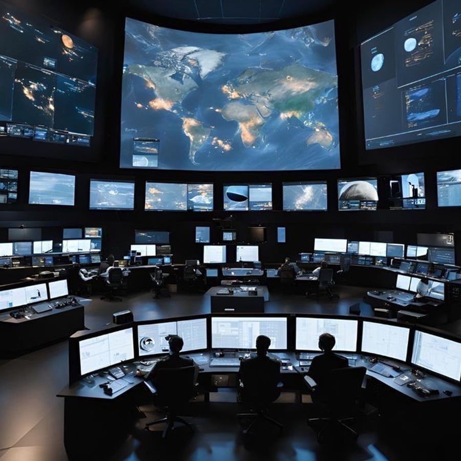 A control room with people monitoring many screens displaying maps, satellites, and global data, including a large central world map on the main wall.