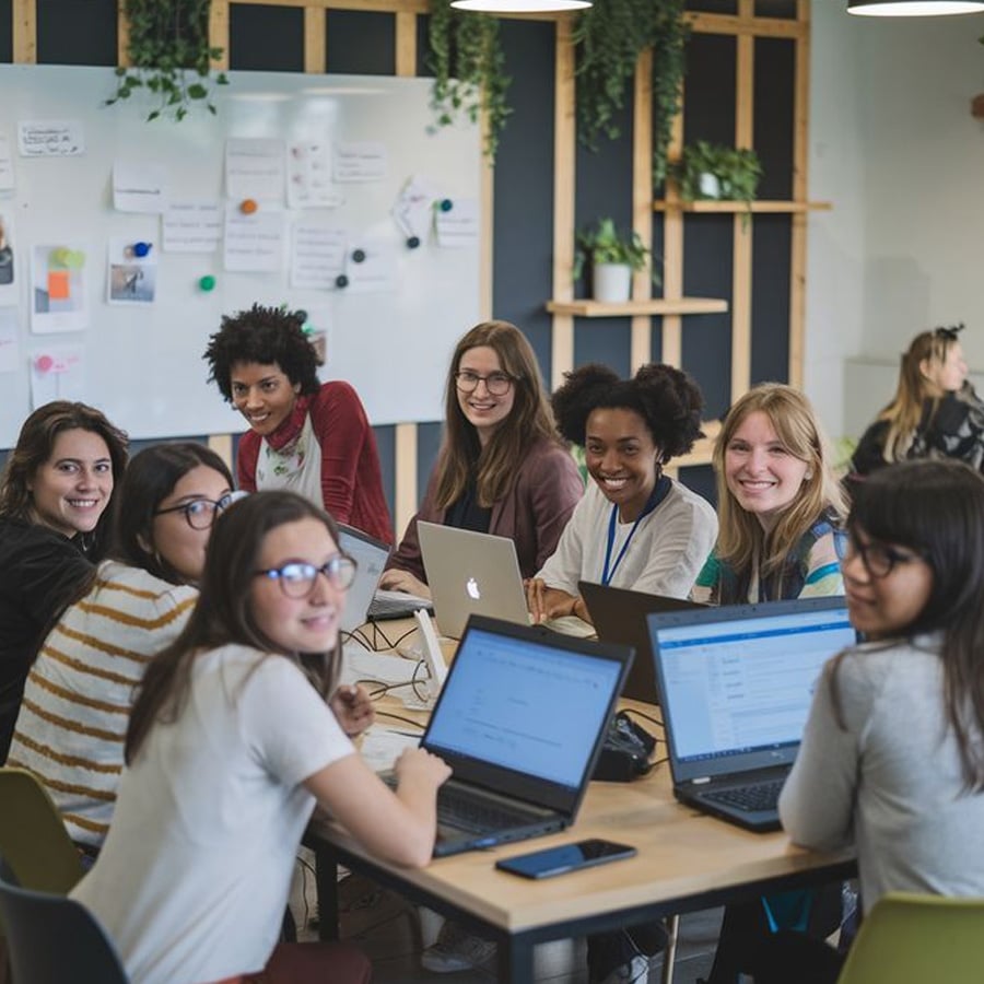 Eight people sit around a table with laptops, smiling at the camera in a modern, collaborative workspace with a whiteboard and plants in the background.