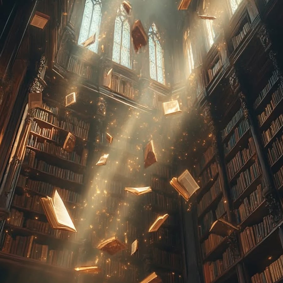 Books float mid-air in a grand, sunlit library with towering shelves and gothic windows. Dust motes and golden light fill the space, creating a magical, enchanting atmosphere.