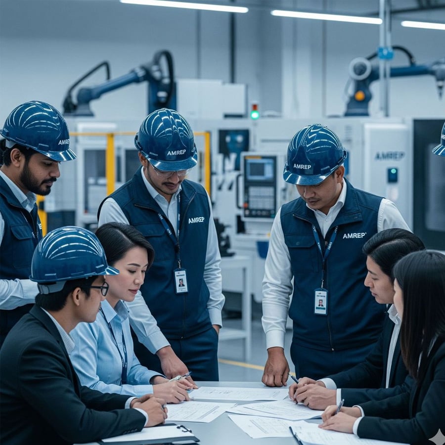 Eight people in business attire and blue safety helmets gather around a table with documents, discussing in a modern industrial facility with machinery in the background.