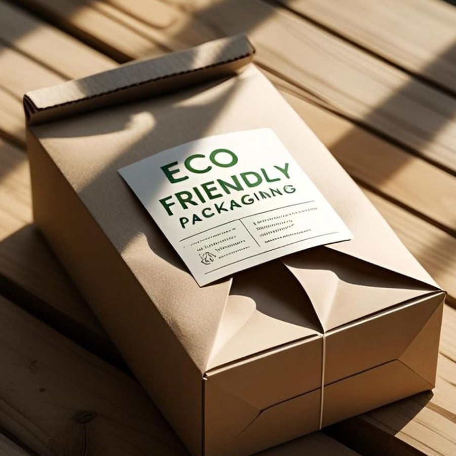 A cardboard box with a label reading "Eco Friendly Packaging" sits on a wooden surface in sunlight. The packaging is minimalist and sustainable in appearance.