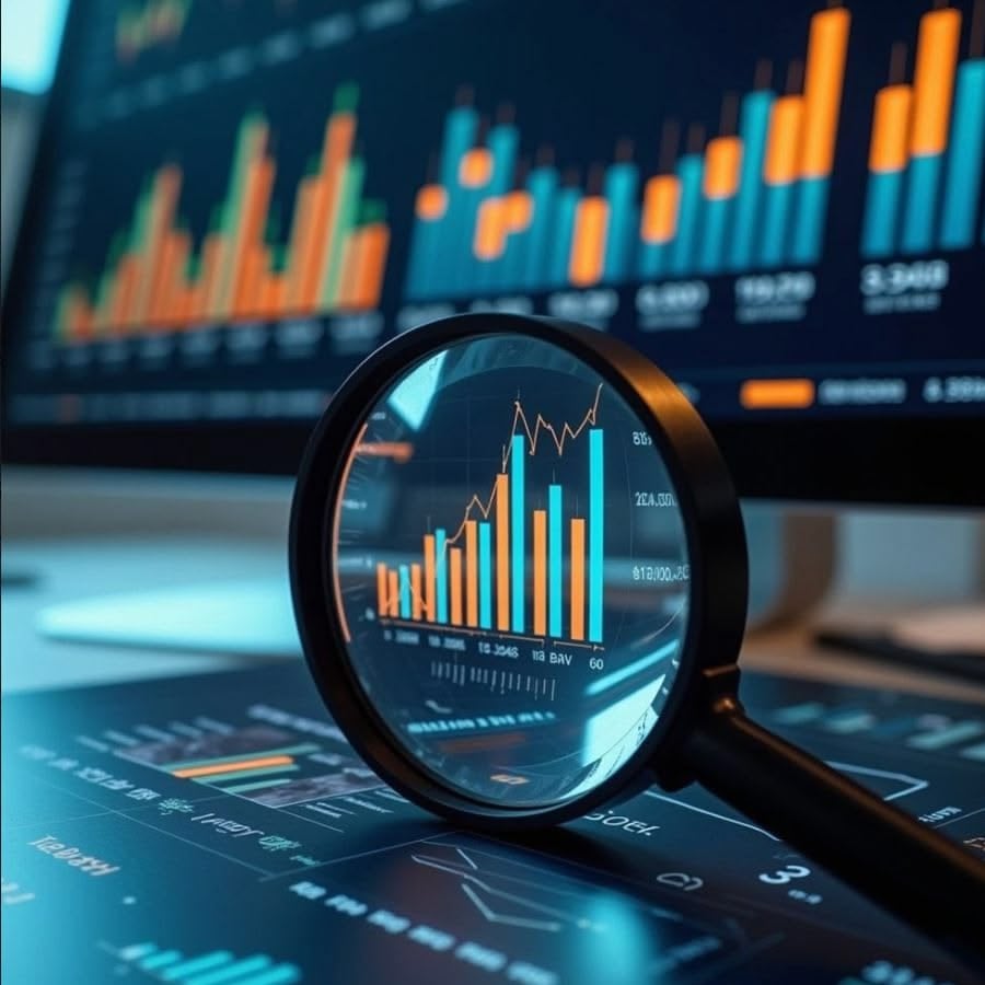 A magnifying glass focuses on colorful bar and line graphs displayed on a computer monitor, with additional charts and data visible on a desk surface, representing data analysis and financial review.