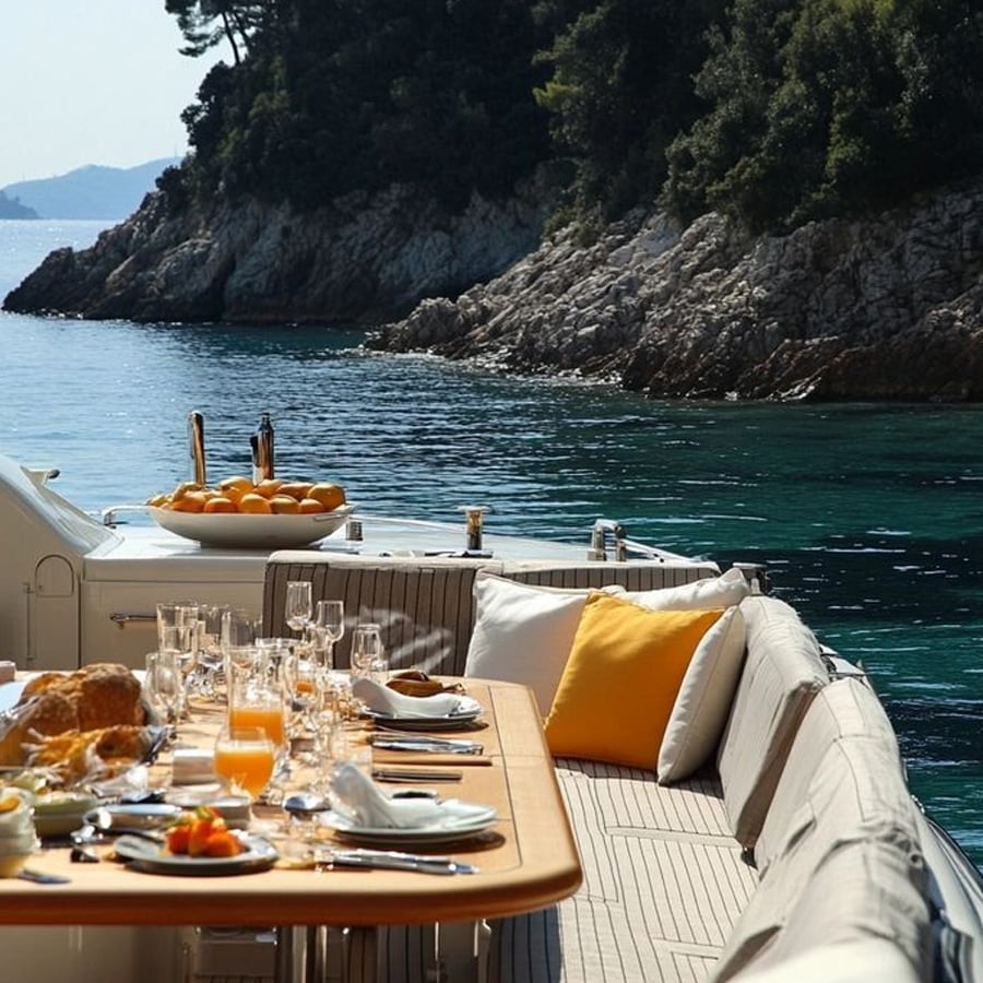 Breakfast table set on a yacht with orange juice, pastries, and fruit. Cushioned seating with yellow and white pillows, overlooking clear blue water and rocky, tree-covered shore in the background.