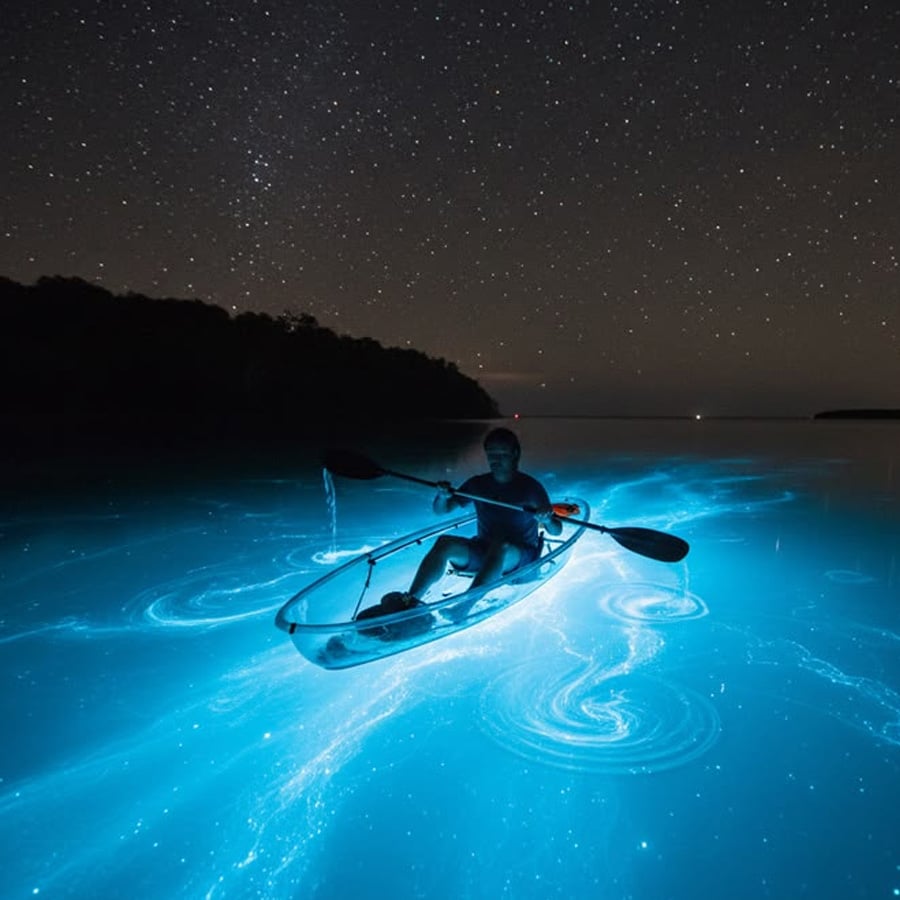 A person kayaks at night on glowing blue water, likely bioluminescent, under a star-filled sky. The kayak is transparent, revealing the blue light swirling below.