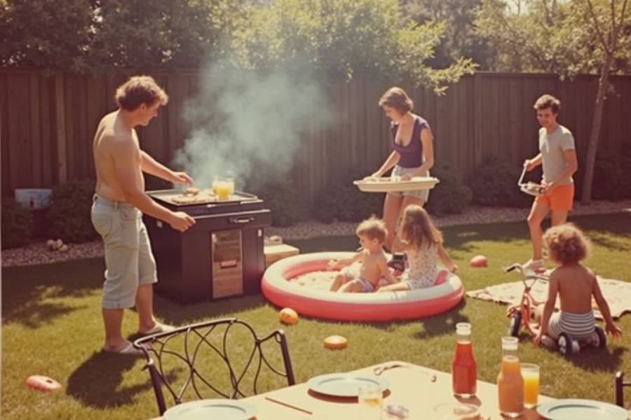 A group of adults and children enjoy a sunny backyard barbecue. Kids play in a small inflatable pool while adults grill food and serve drinks. A picnic table is set with colorful bottles and plates.