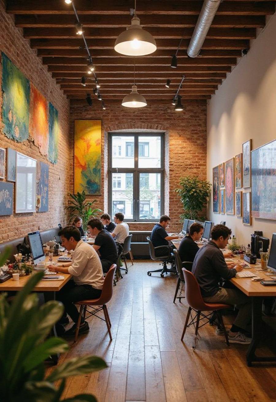 An open office with exposed brick walls, wood floors, and colorful artwork, where multiple people work at computers facing each other along two rows of desks, with plants and large windows providing natural light.