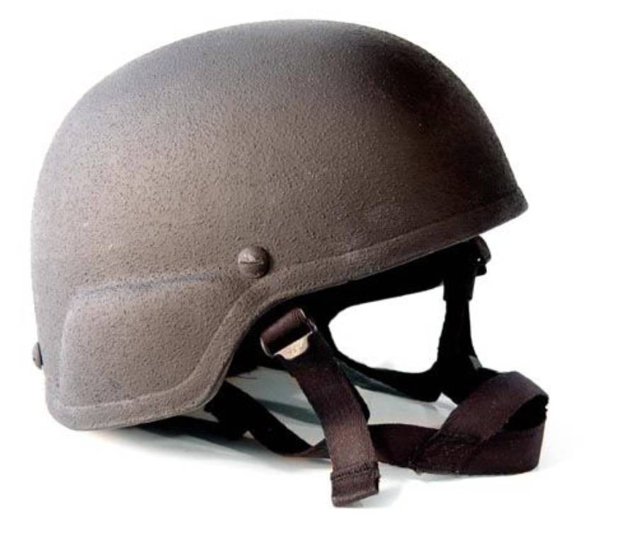 A dark-colored military helmet with a textured surface and attached black chin straps, shown on a white background.