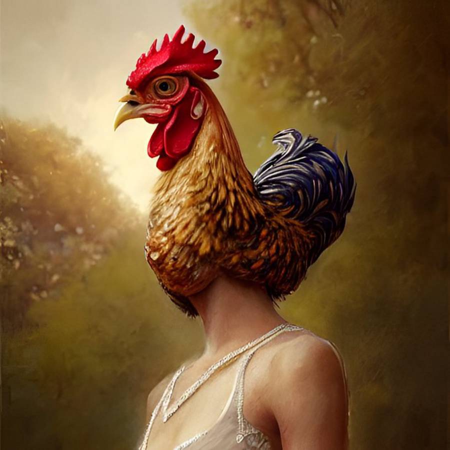 A person wearing a white dress has the head of a rooster instead of a human head, set against a soft, natural background.