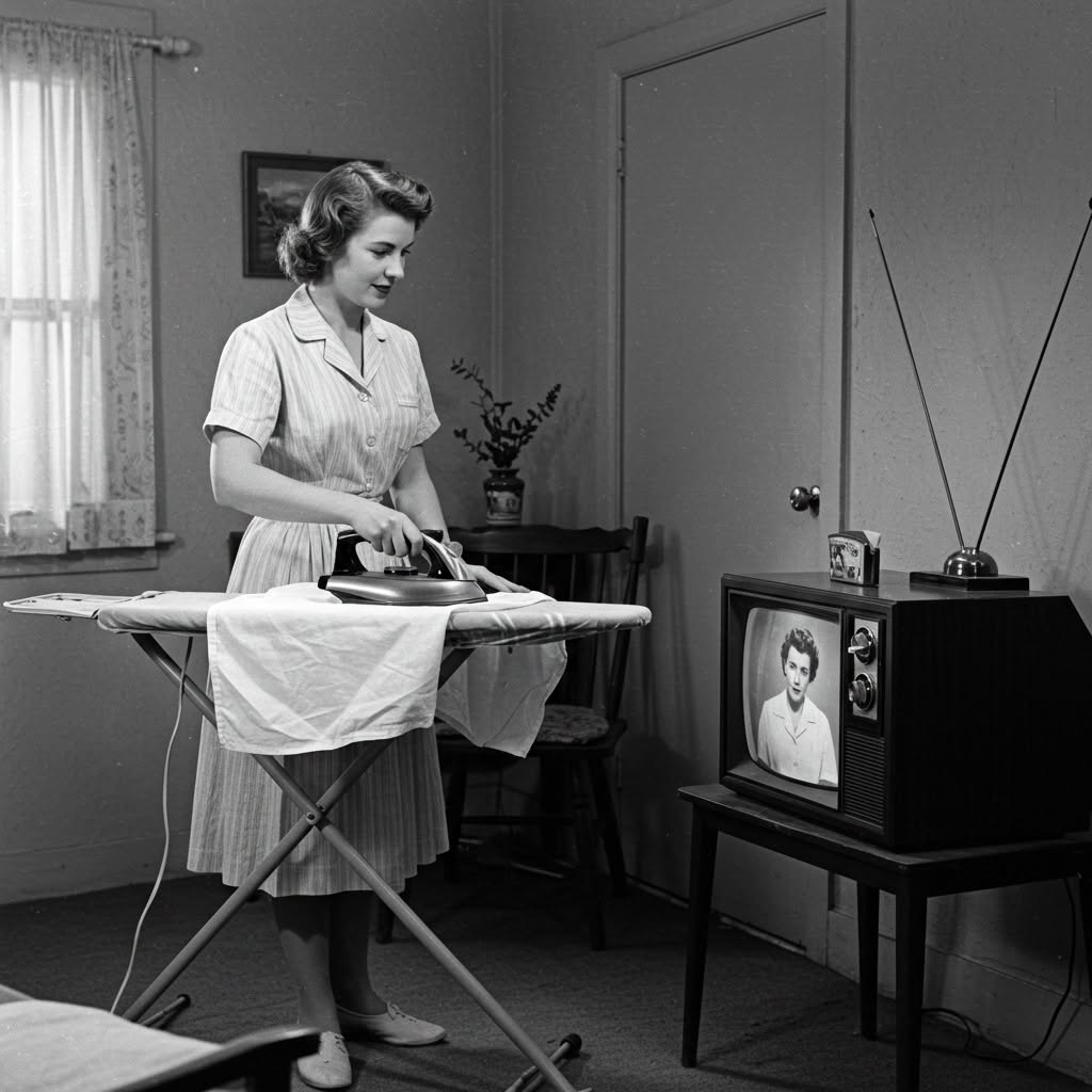 A woman in a striped dress irons clothes on an ironing board in a modest room, while watching a black-and-white TV showing her own image. A vintage TV with rabbit ear antennas is beside her.