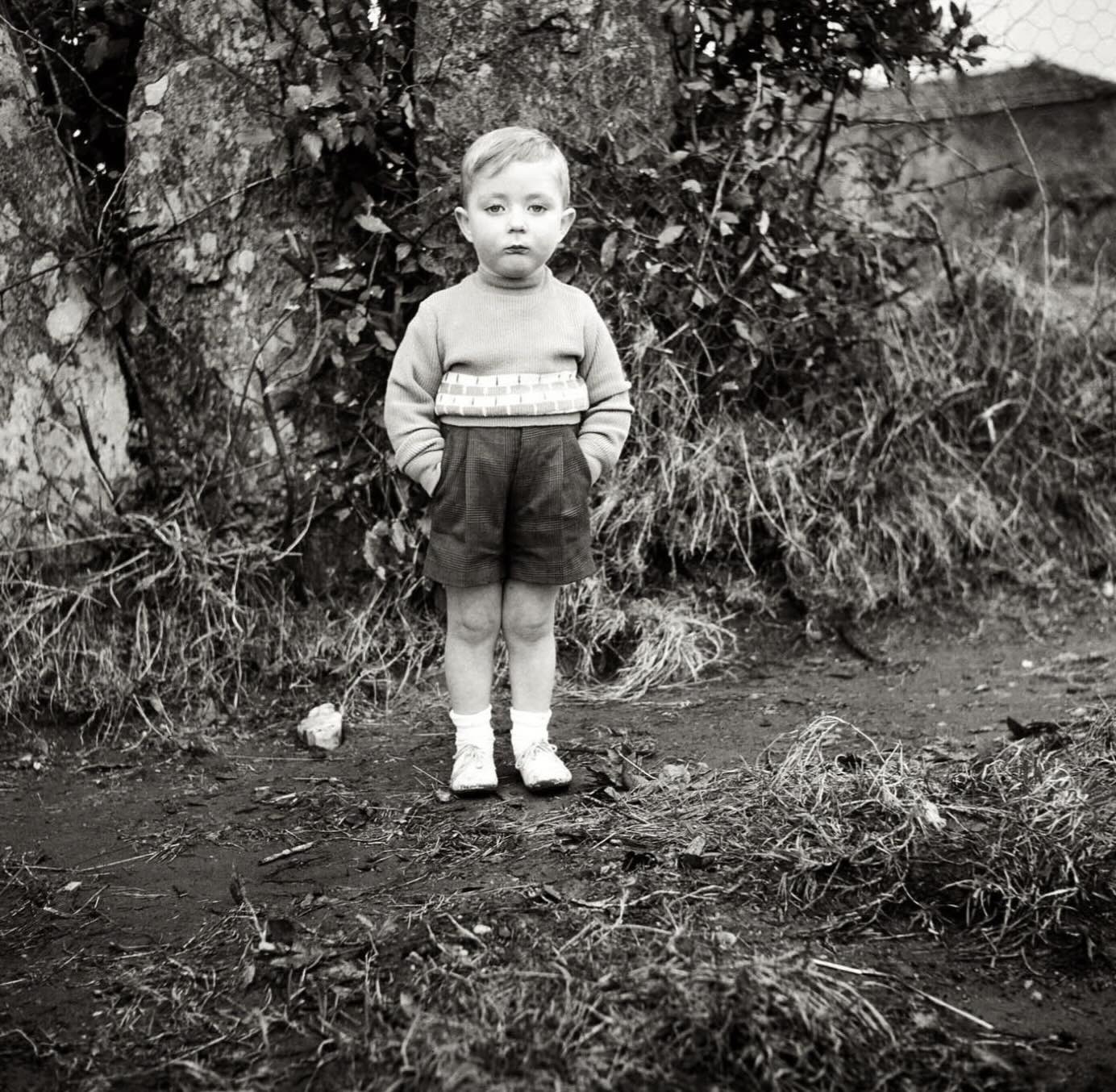 Young boy in a sweater and shorts stands with hands in pockets on a dirt path, in front of large trees and grass. He looks directly at the camera, appearing calm and quiet.