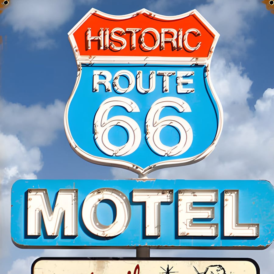 A vintage Route 66 highway sign reads "Historic Route 66" above a weathered blue "Motel" sign, set against a partly cloudy sky.