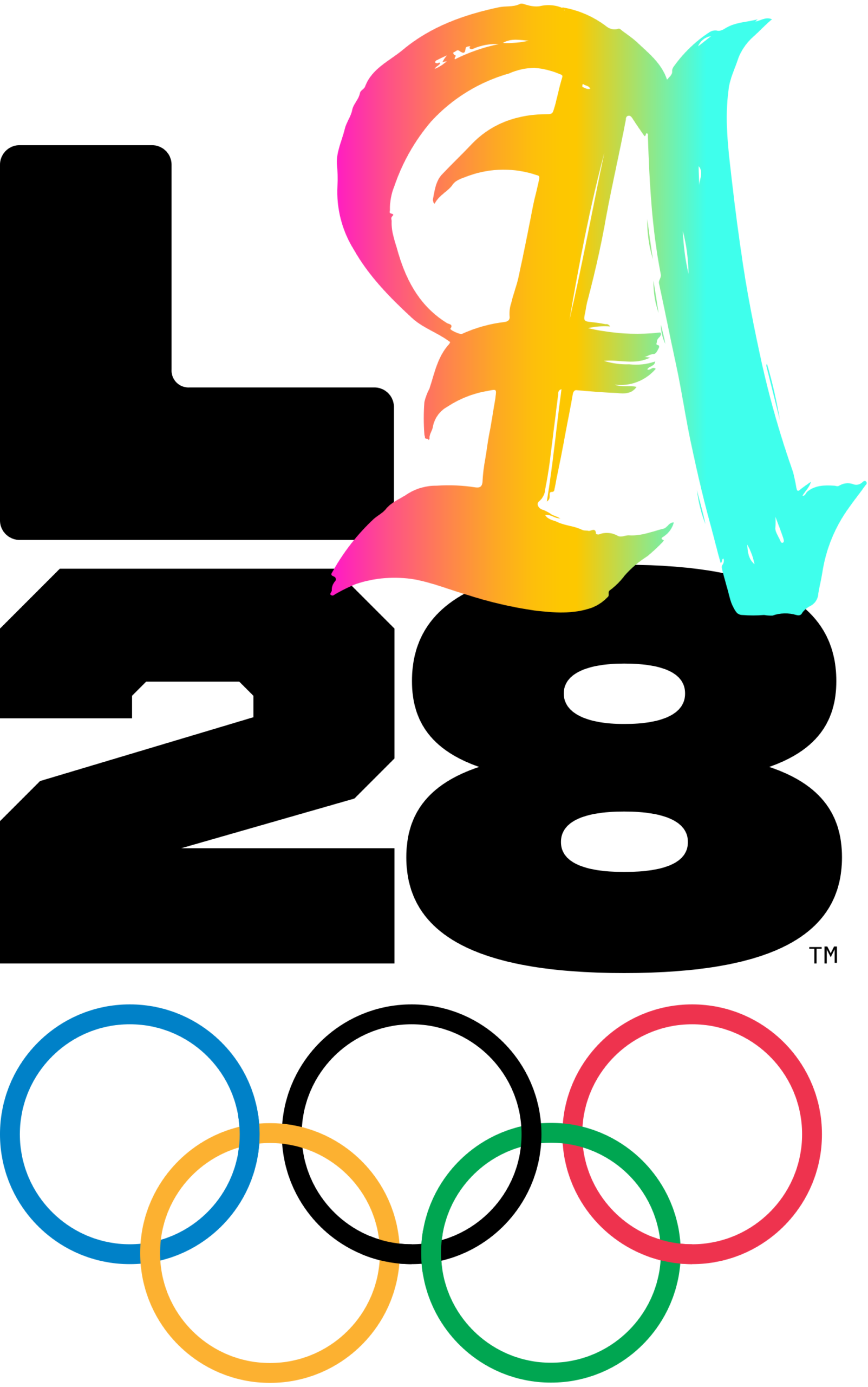 The logo for the 2028 Los Angeles Olympics with “LA28” in bold black letters and numbers, a colorful artistic “A,” and the five Olympic rings below.
