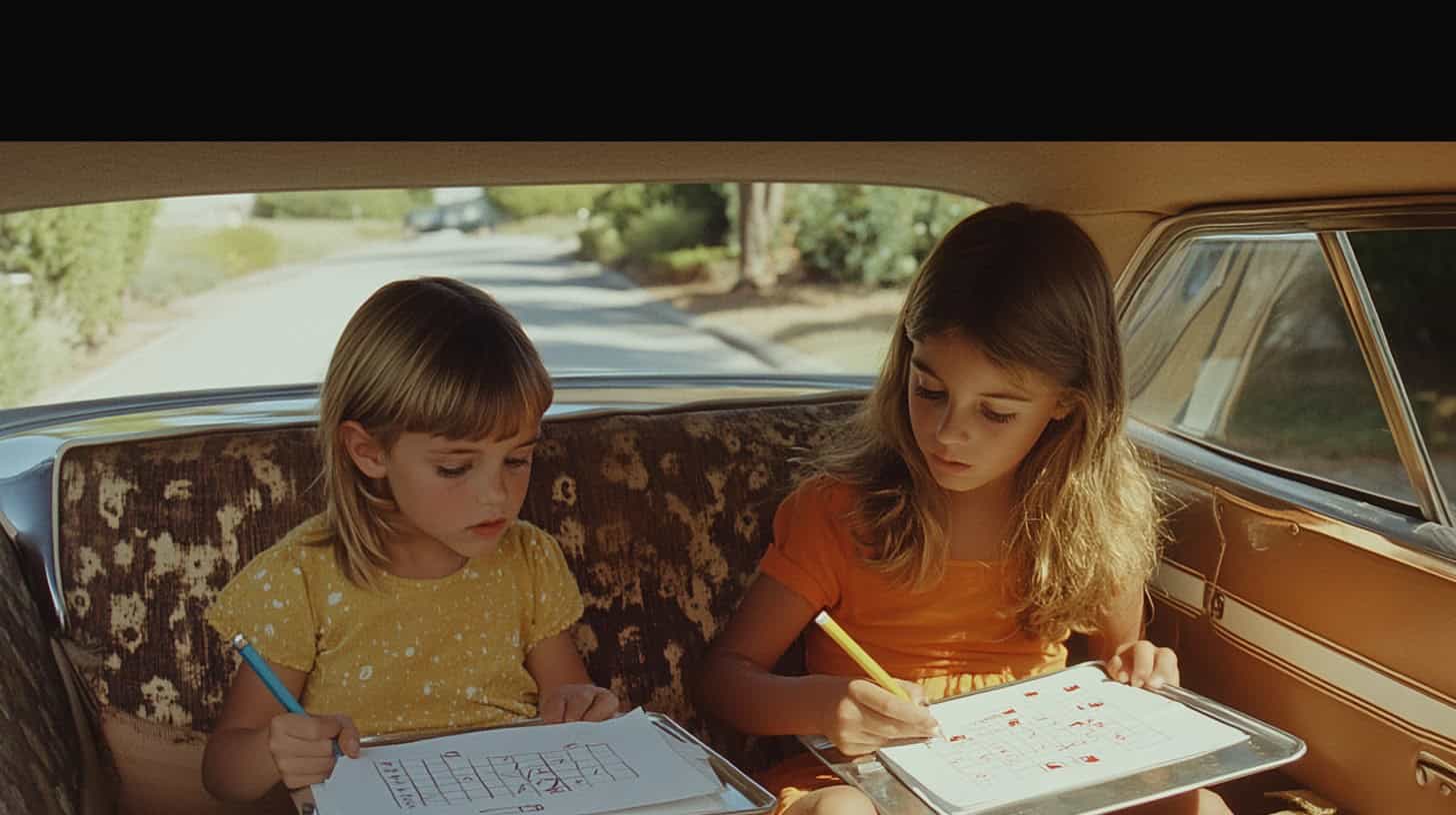 Two young girls sit in the backseat of a car, concentrating on drawing or playing games on paper with pencils. Sunlight streams in, and greenery is visible through the windows.