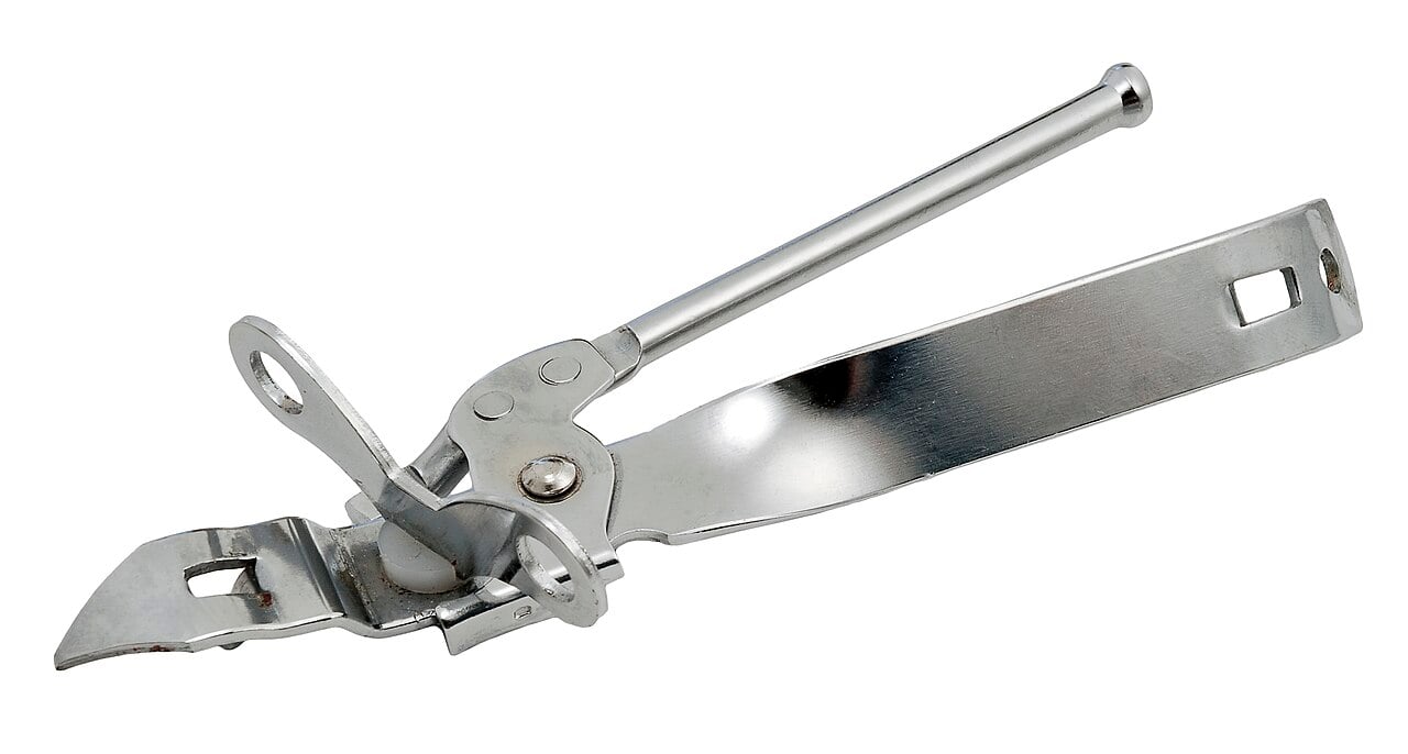 A metal can opener with a long handle and a rotating cutting mechanism, shown on a white background.