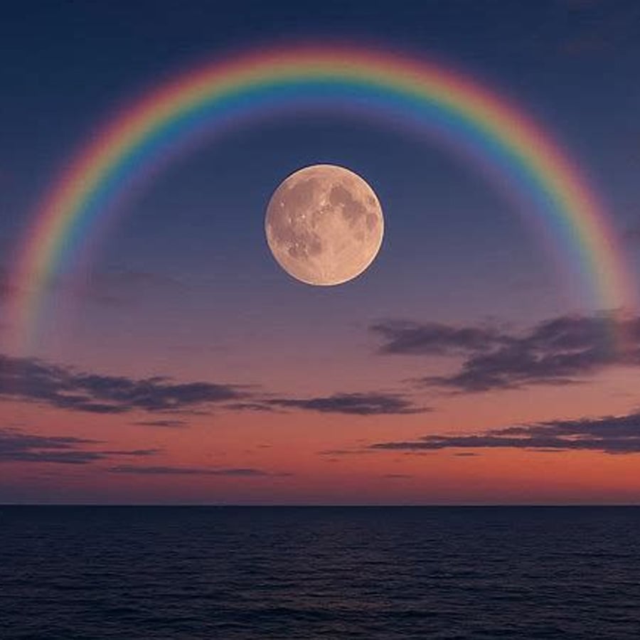 A full moon rises over the ocean at sunset, framed by a vibrant rainbow arching across a partly cloudy sky.