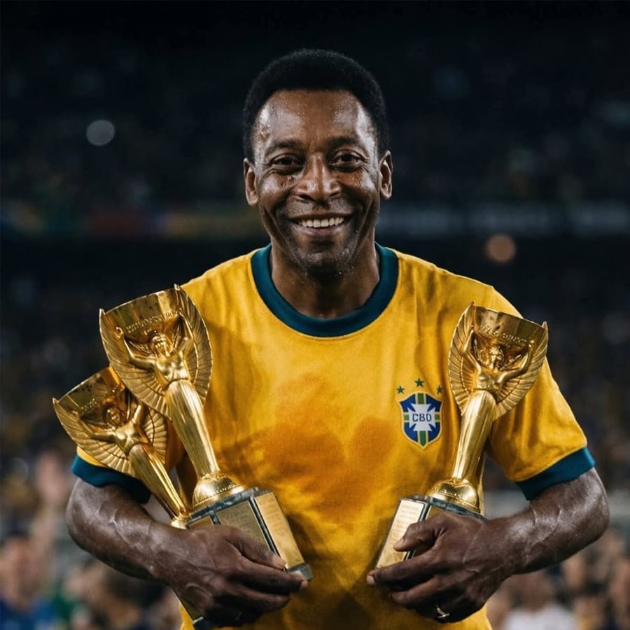 A smiling soccer player in a yellow Brazil jersey holds three gold World Cup trophies, standing on a field with a cheering crowd in the background.