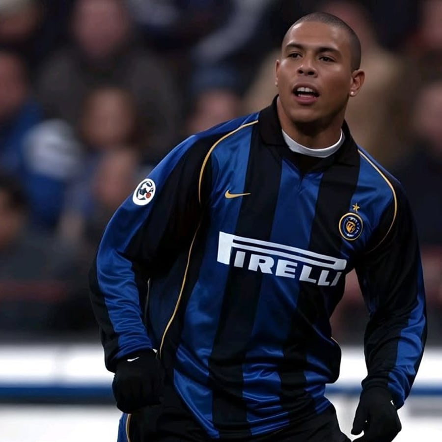 A soccer player in an Inter Milan jersey with blue and black stripes stands on the field during a game. The background shows a blurred crowd.