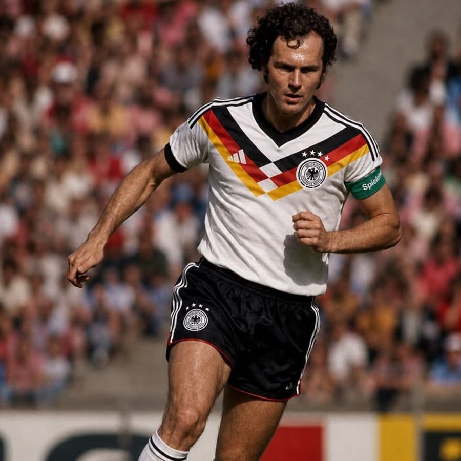 A soccer player in a retro West Germany jersey runs on the field during a match, with a blurred crowd in the background.