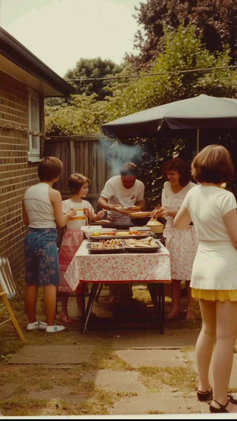 A group of people gathers around a table with food at an outdoor barbecue. A man grills while children and women chat nearby. It's a sunny day in a backyard with trees and a patio umbrella.