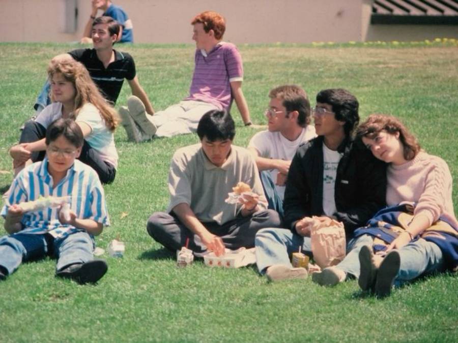 A group of young adults sit on grass, eating and relaxing together on a sunny day. Some talk, others eat or rest, with casual clothing and a relaxed, friendly atmosphere.