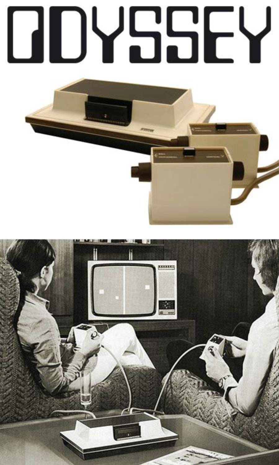 Two people play a vintage Magnavox Odyssey video game console on a black-and-white TV. The console and controllers are shown above, with the word "Odyssey" in bold text.