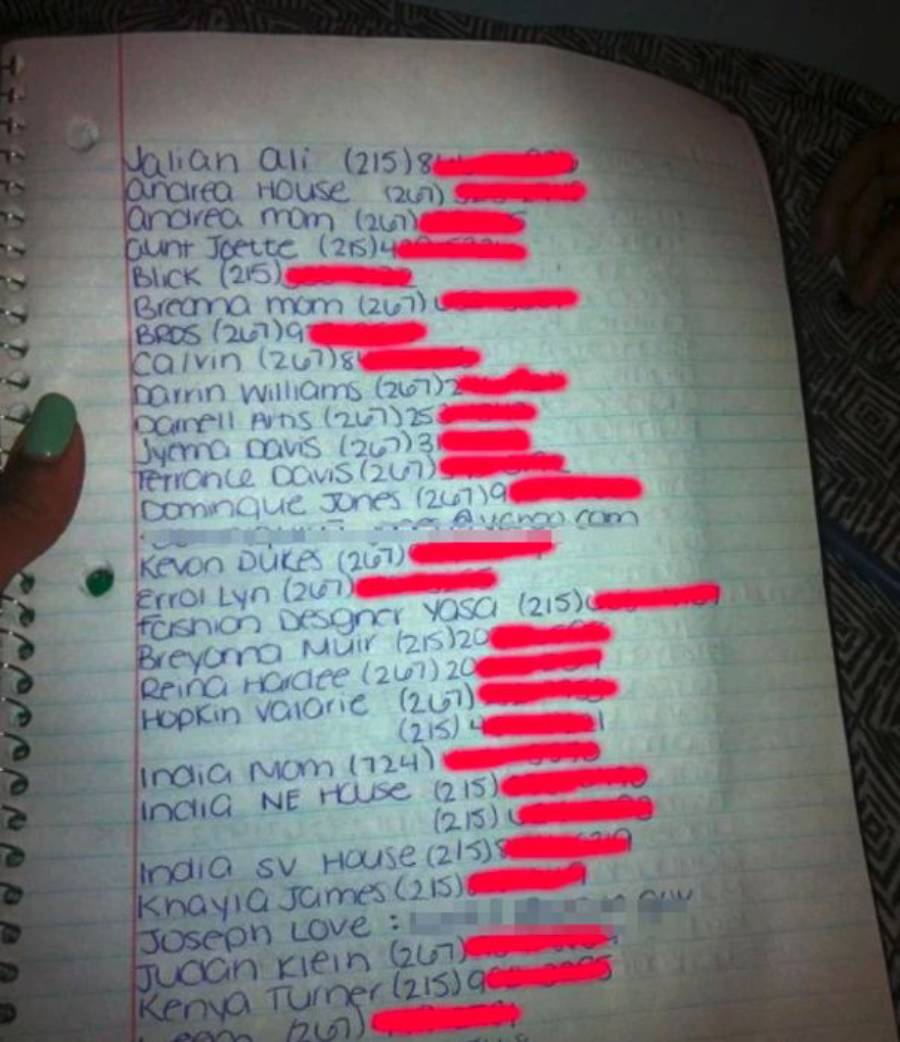 A handwritten list of names and phone numbers is written in blue ink on lined notebook paper. Most phone numbers are obscured with pink marker. A hand with green nail polish holds the page on the left.