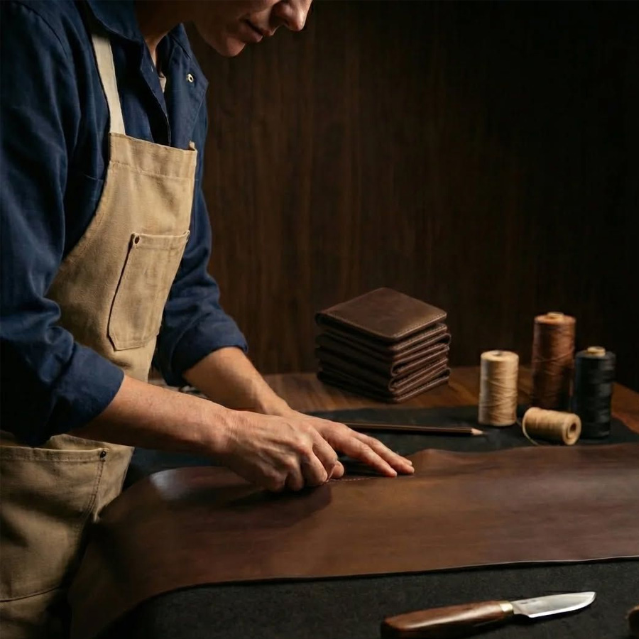 A person in an apron cuts a piece of brown leather on a table, with stacks of wallets, spools of thread, and a knife beside them, in a dimly lit workshop.