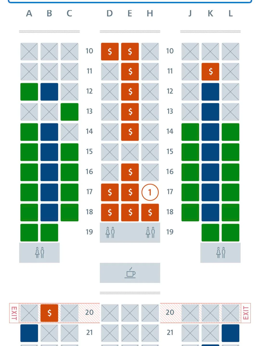Airplane seat map showing rows 10-20. Green seats are available, blue are standard, orange with $ are extra cost, and gray are unavailable. Exits and bathrooms are marked at the ends of the cabin.