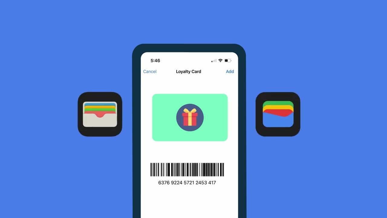 A smartphone displays a digital loyalty card with a barcode and gift icon. On each side, there are wallet app icons with multicolored stripes, all set against a blue background.