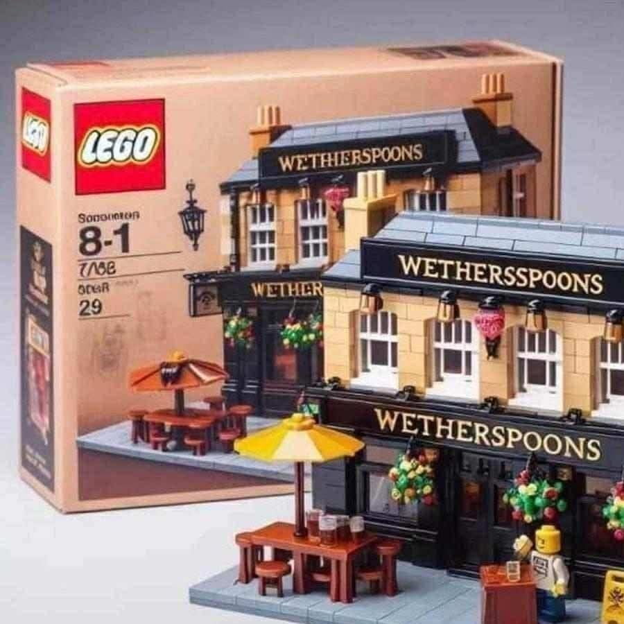 LEGO set depicting a Wetherspoons pub with outdoor seating, flowers, and a yellow umbrella; the box and completed model are shown side by side.