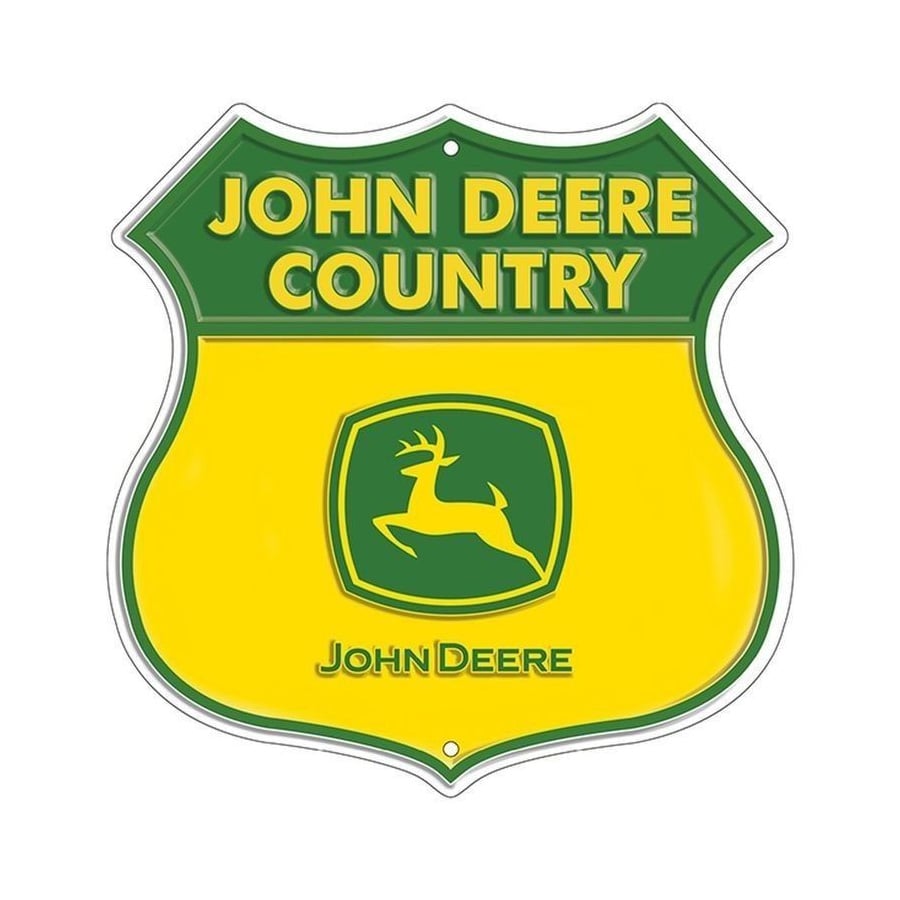 A green and yellow sign reads "John Deere Country" and "John Deere" with the John Deere logo, a leaping deer, in the center.