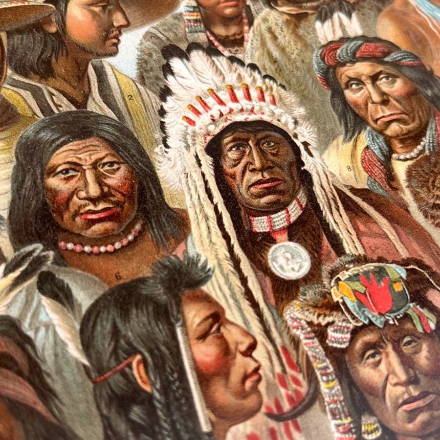 A detailed illustration shows several Native American individuals in traditional clothing and headdresses, adorned with beads, feathers, and jewelry, looking in various directions.