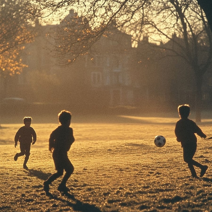 Three children play soccer on a grassy field at sunrise, with long shadows and trees silhouetted in the background. The scene is warmly lit and slightly hazy.