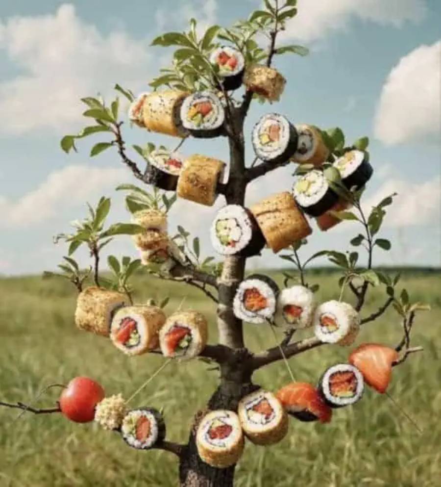 A small tree with sushi rolls and pieces of sashimi hanging from its branches, set in a grassy field under a blue sky with clouds.