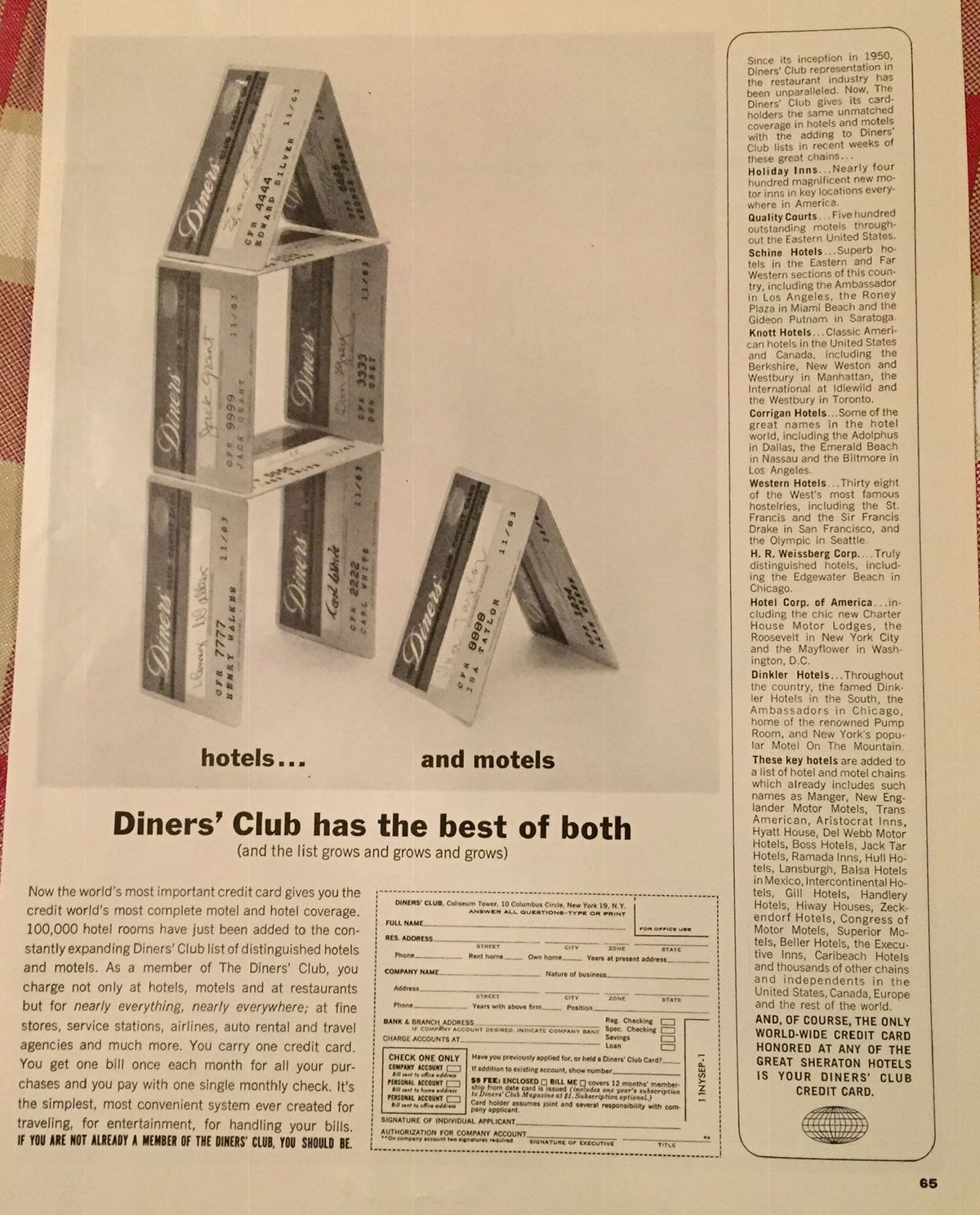A vintage magazine ad shows Diners Club credit cards arranged as a house of cards, with text promoting the credit card’s benefits for hotels and motels. A form for application appears at the bottom right.