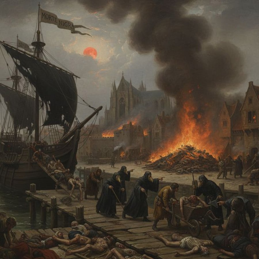 A medieval port scene with plague victims, monks tending to the sick, a burning pyre, and a ship with a “Morte Nigra” flag under a red sun and smoky sky, with a cathedral in the background.
