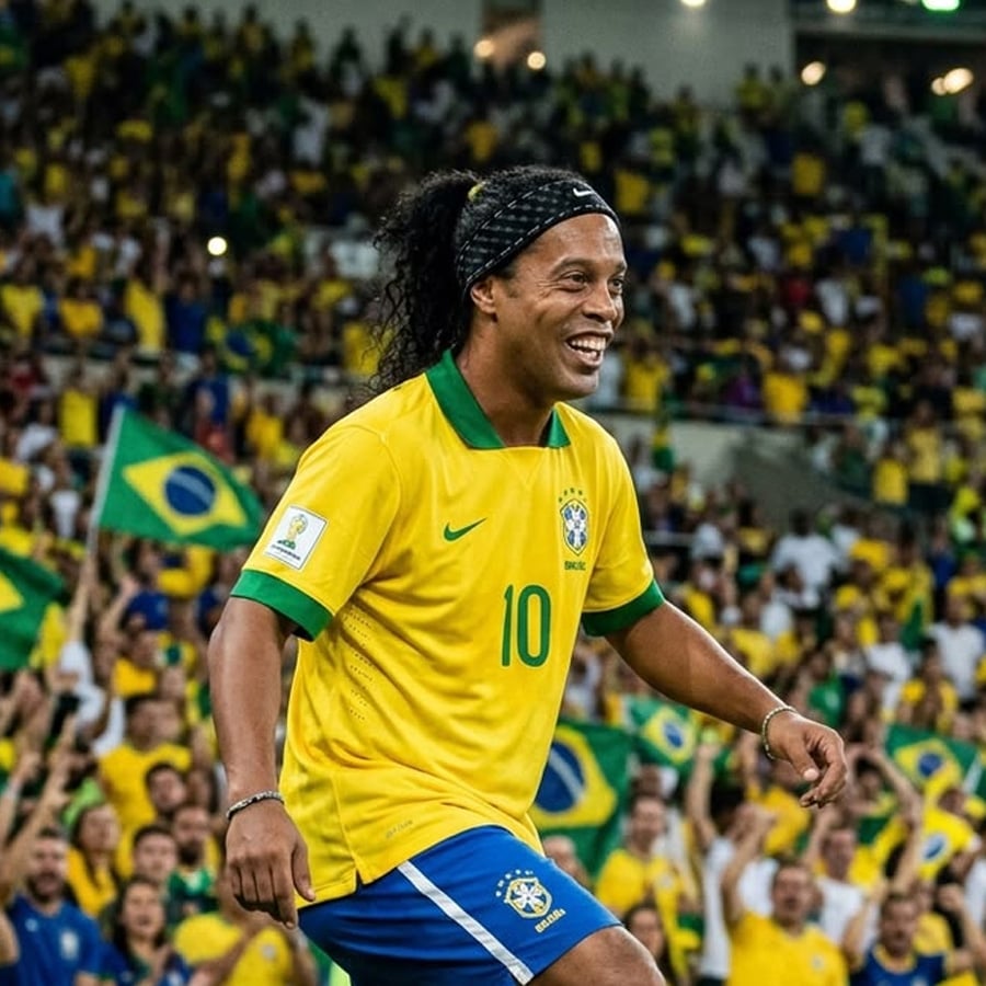 A smiling soccer player in a yellow Brazil jersey with number 10 celebrates on the field; fans holding Brazilian flags cheer in the crowded stadium behind him.