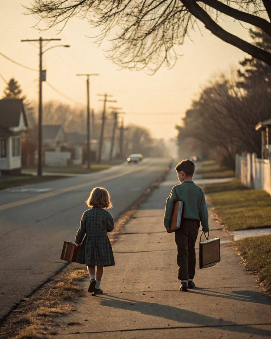 Two children walk down a quiet suburban sidewalk at sunset, carrying vintage suitcases. Leafless trees and houses line the street, with a lone car in the distance. The scene feels nostalgic and peaceful.