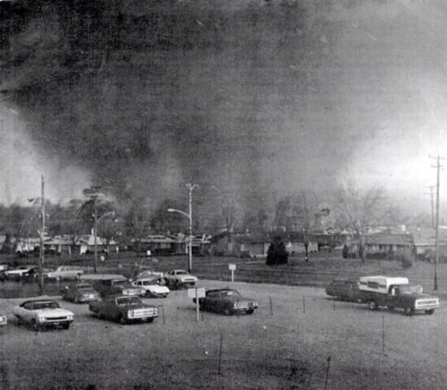 Black-and-white photo showing multiple tornadoes in the distance beyond a parking lot filled with cars, with trees and buildings visible under a dark, ominous sky.