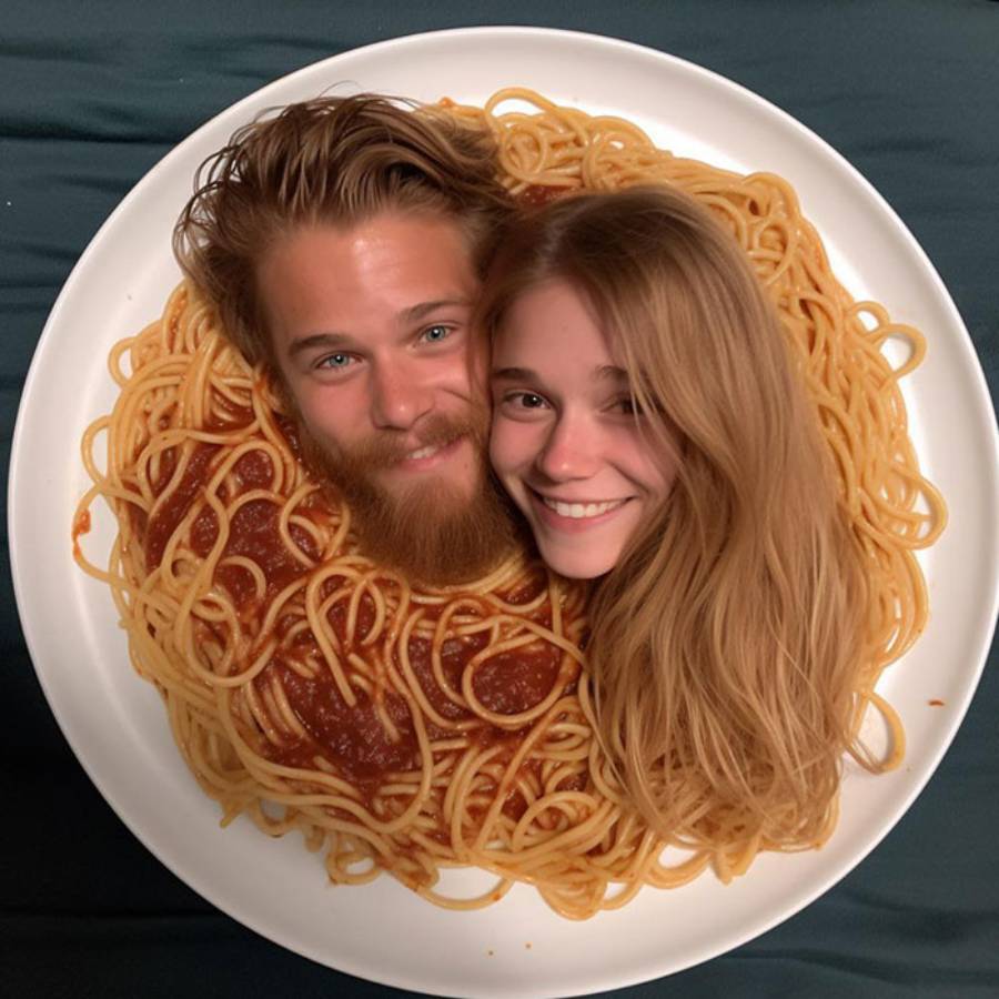 A plate of spaghetti with a man and woman’s heads digitally edited in the center, as if their hair blends into the pasta.