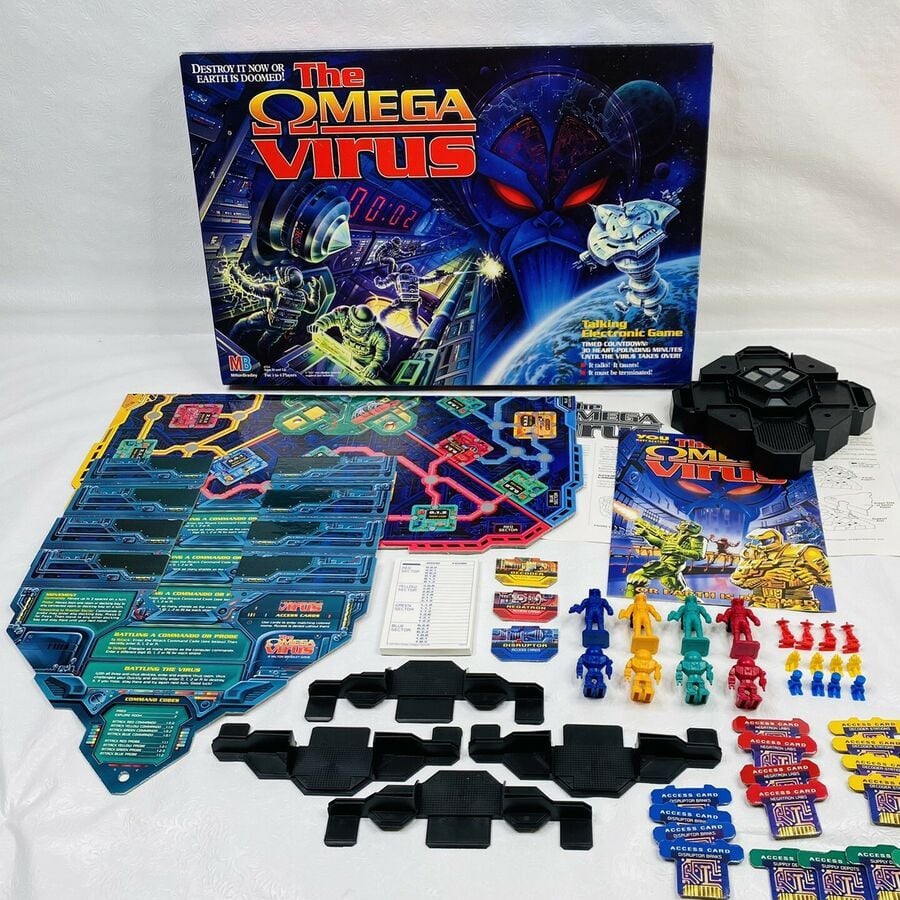 Board game "Omega Virus" displayed with colorful pieces, character pawns, cards, modular game boards, instruction sheets, and the game box featuring sci-fi artwork, all arranged neatly on a white background.